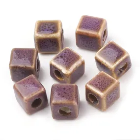 10mm Purple Cube Beads, Ceramic Porcelain, x10 beads, bgl2079