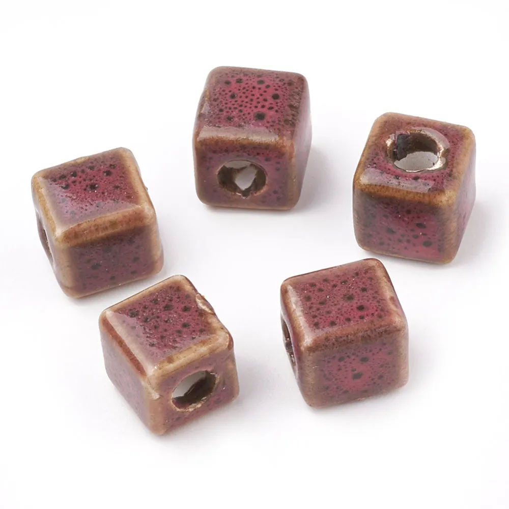 10mm Purple Cube Beads, Ceramic Porcelain, x10 beads, bgl2079