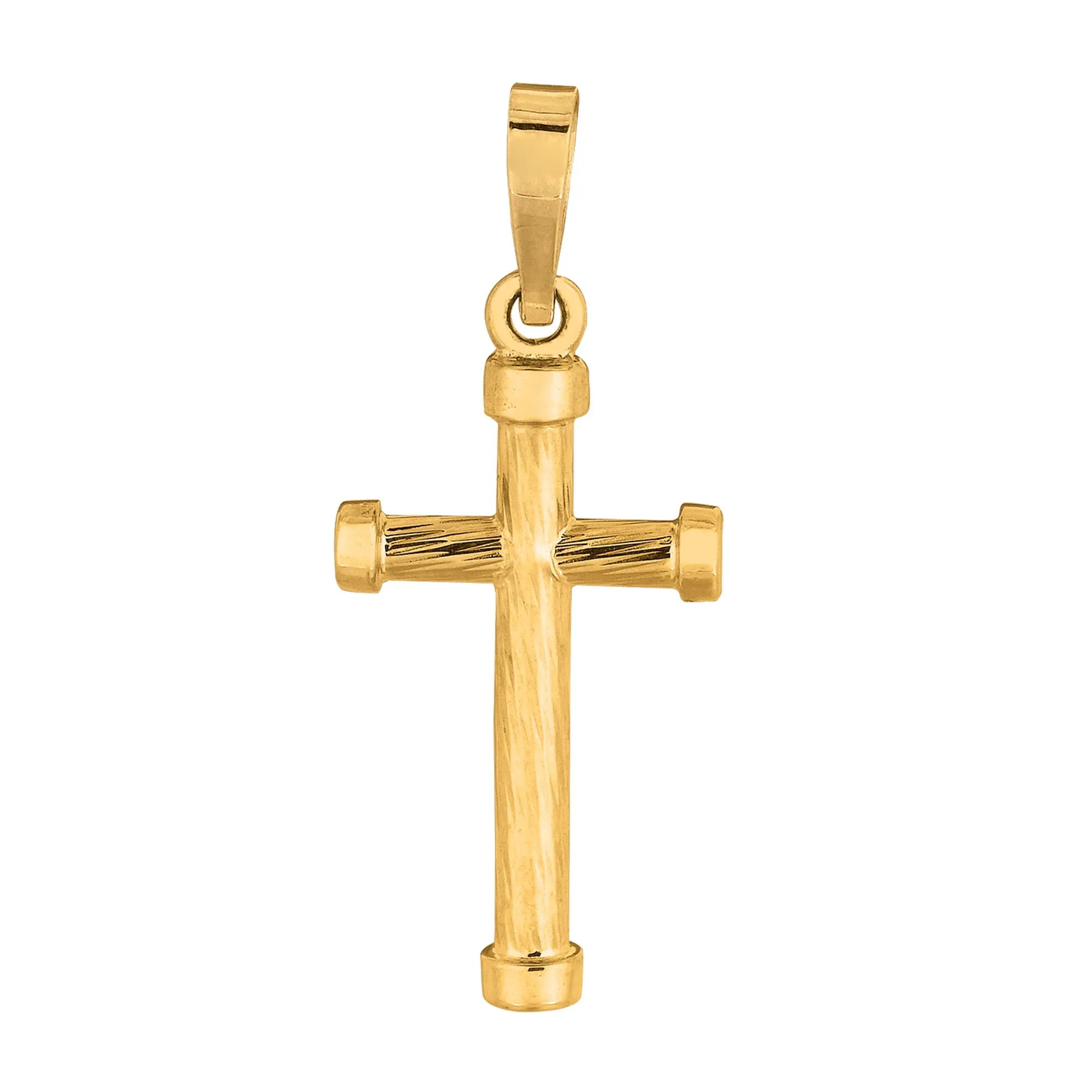 14k Yellow Gold Diamond Cut Finish Round Tube Style Cross Pendant