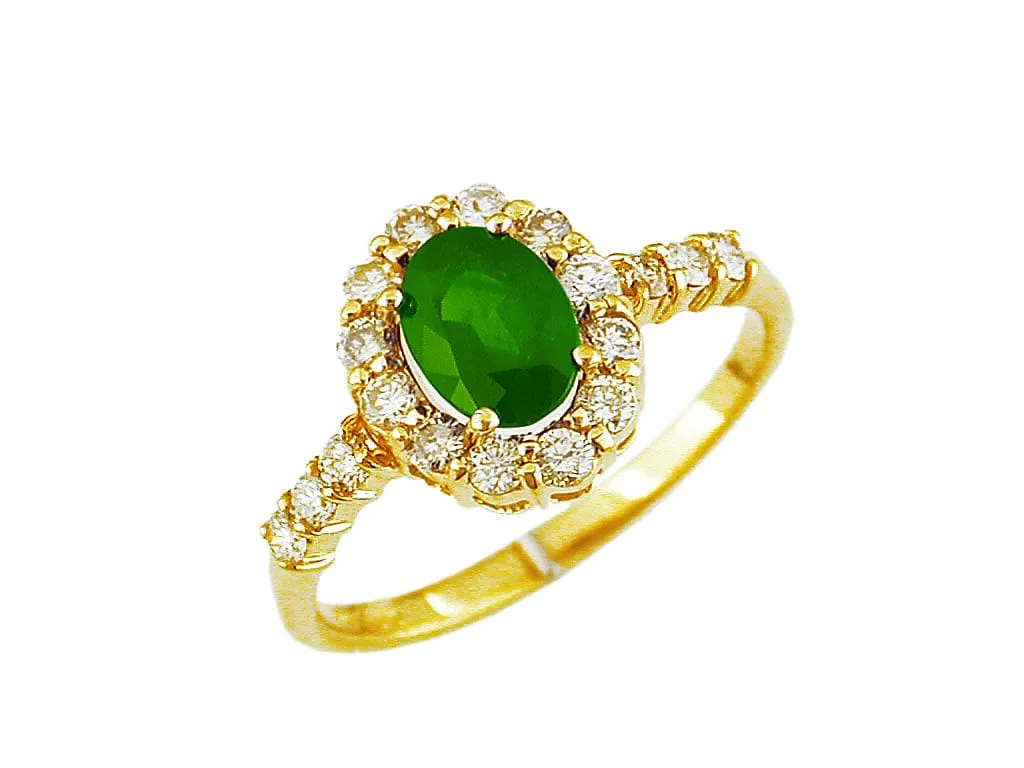 14K Yellow Gold Oval Emerald Ring with Diamond Halo