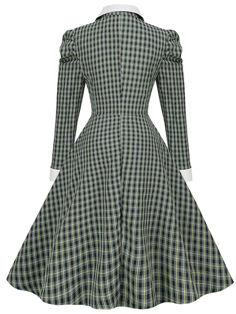 1950S Green Plaid Puff Long Sleeve Vintage Swing Dress