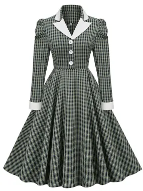 1950S Green Plaid Puff Long Sleeve Vintage Swing Dress