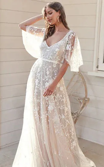 2024 A-Line Tulle Half Sleeve Wedding Dress Country Garden Floor-length Sweep Train V-neck Casual Bohemian Elegant-716821