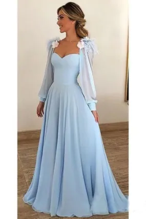 2024 Sky Blue Long Chiffon Prom Dresses With Sleeves P3RQKD6A