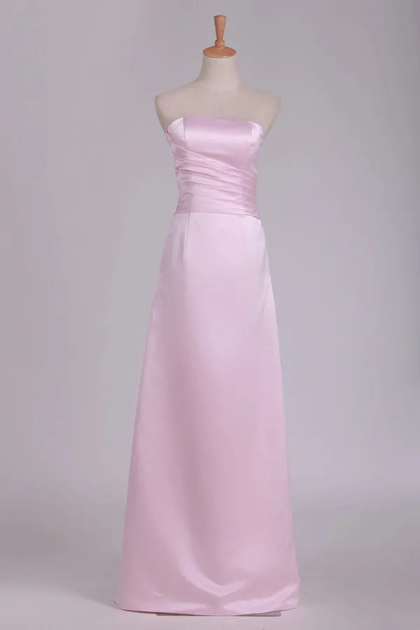 2024 Strapless Bridesmaid Dresses Satin With Ruffles Floor Length PMP6AT4G