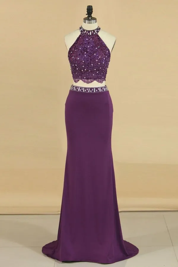 2024 Two-Piece High Neck Prom Dresses Mermaid With P3DKZB9B