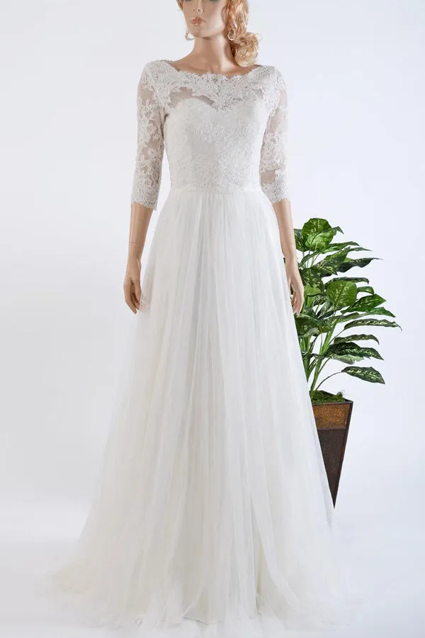 3-4 Length Sleeve Tulle Satin Lace Bolero Wedding Dress-714968