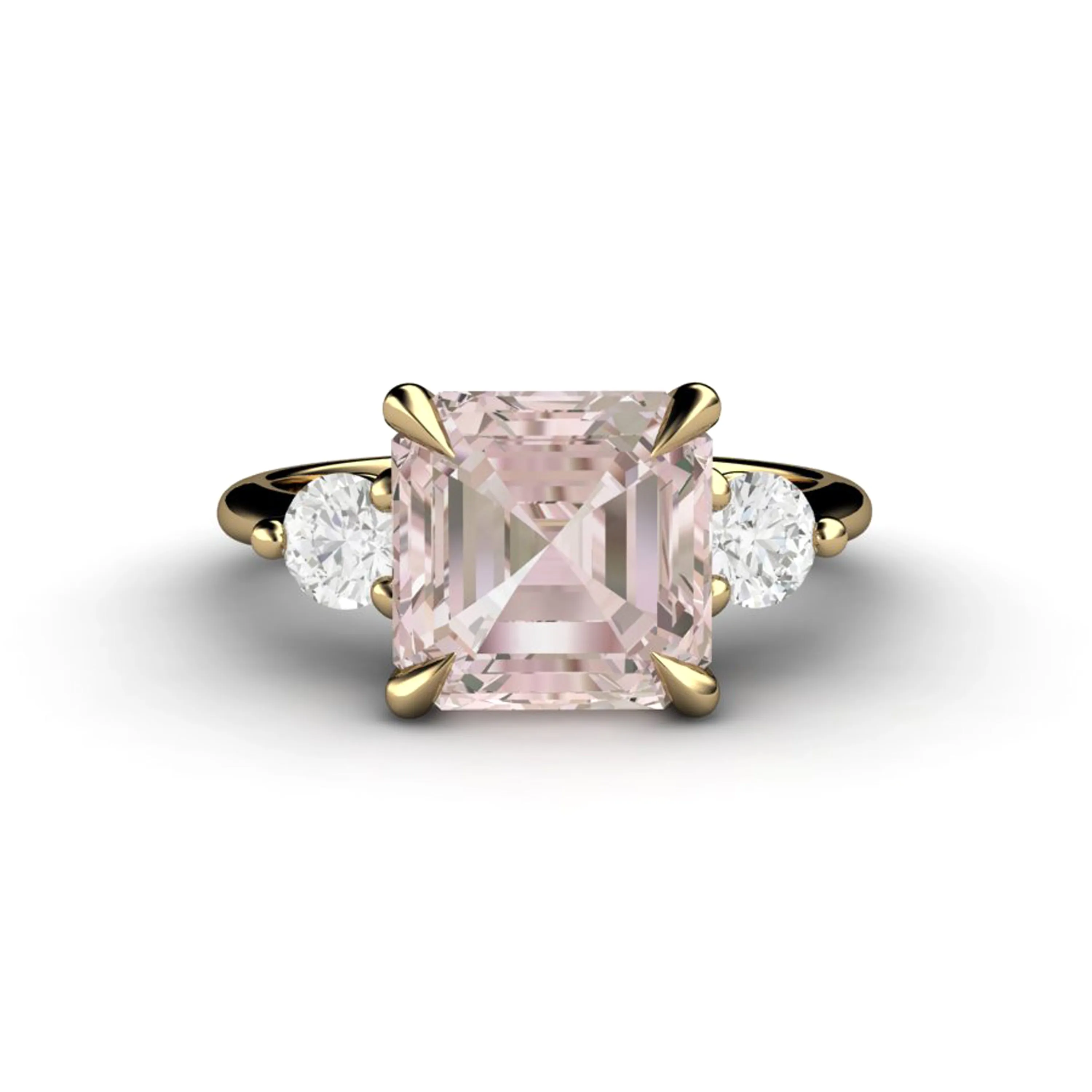 3 Stone Morganite Engagement Ring Asscher Cut with Diamonds and Claw Prongs