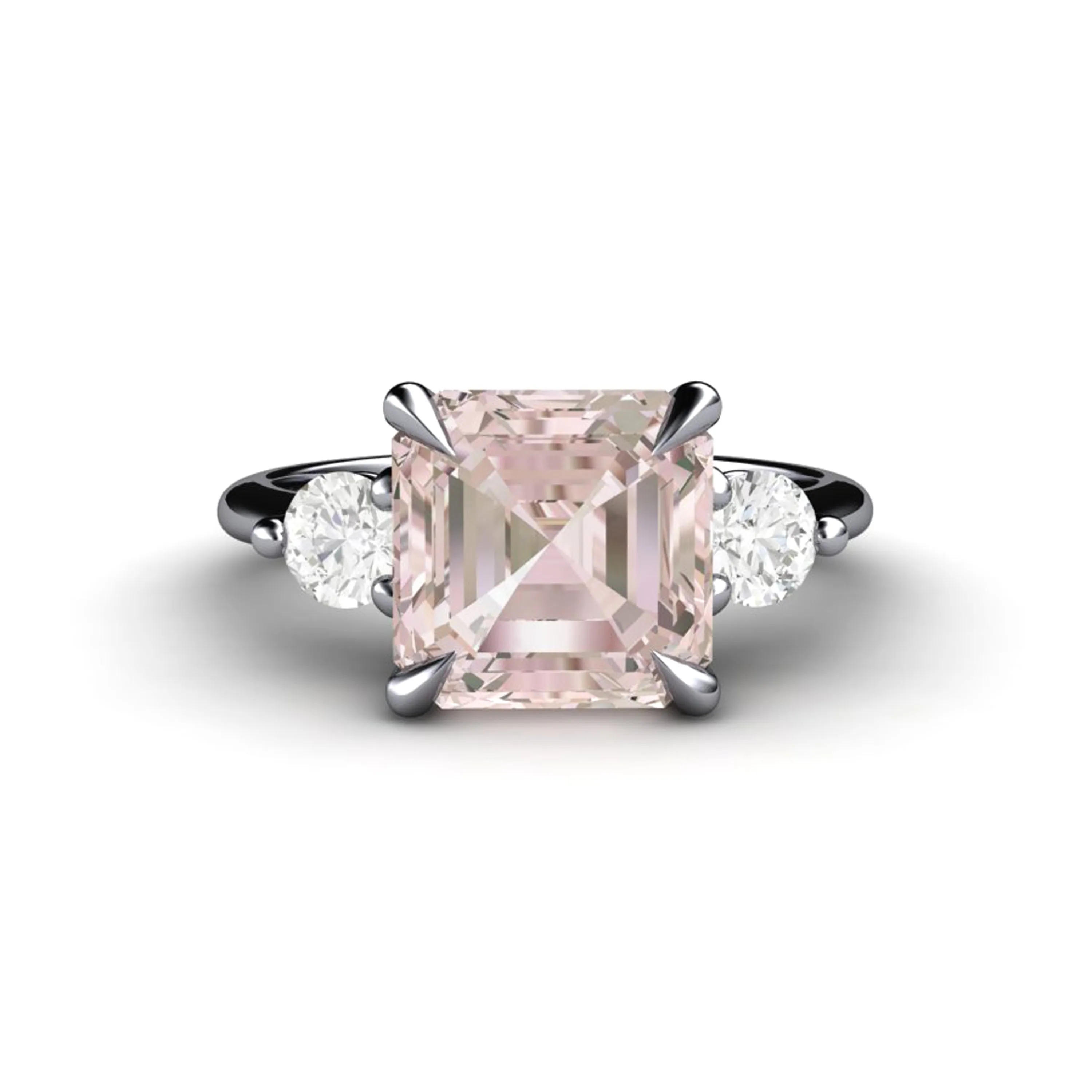 3 Stone Morganite Engagement Ring Asscher Cut with Diamonds and Claw Prongs