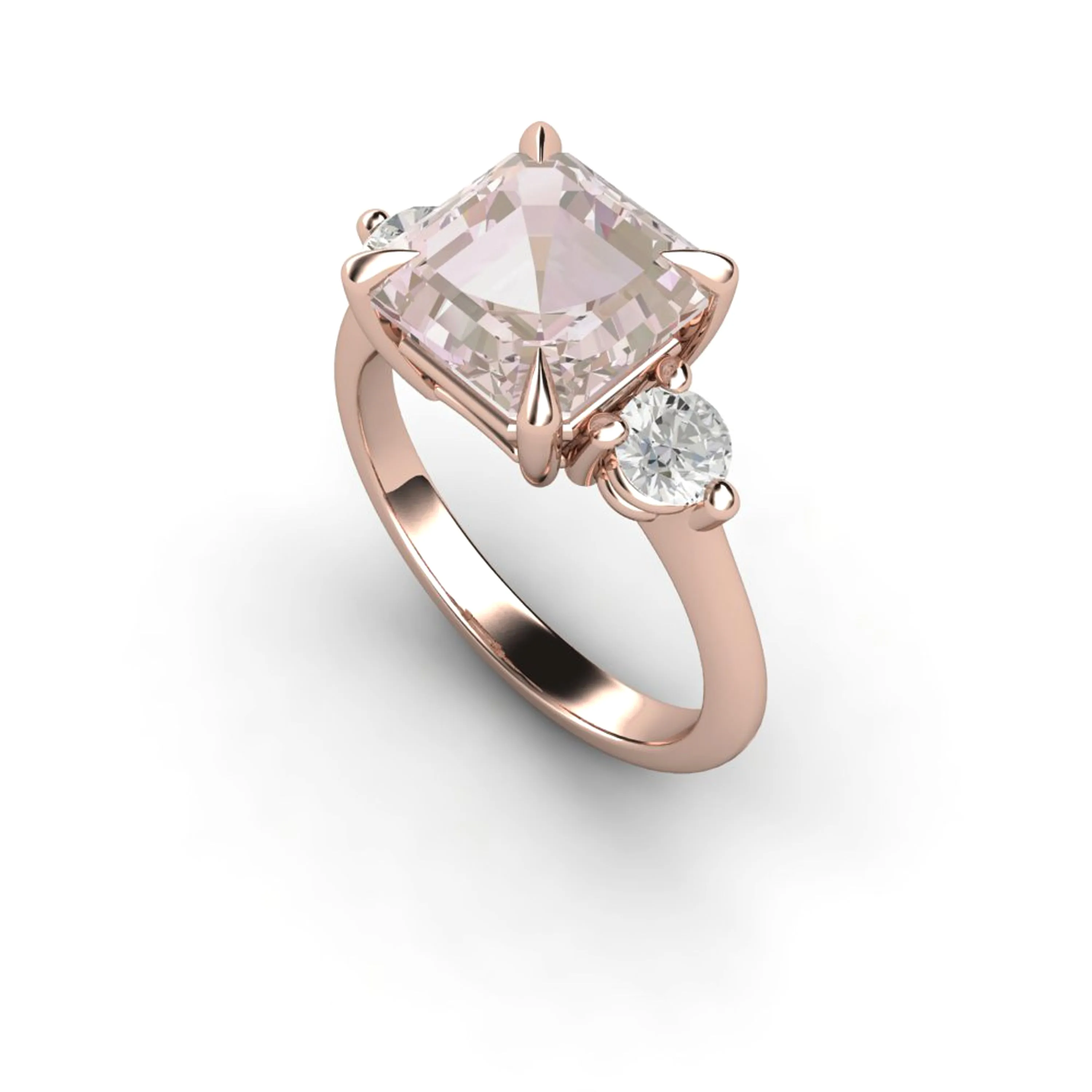 3 Stone Morganite Engagement Ring Asscher Cut with Diamonds and Claw Prongs