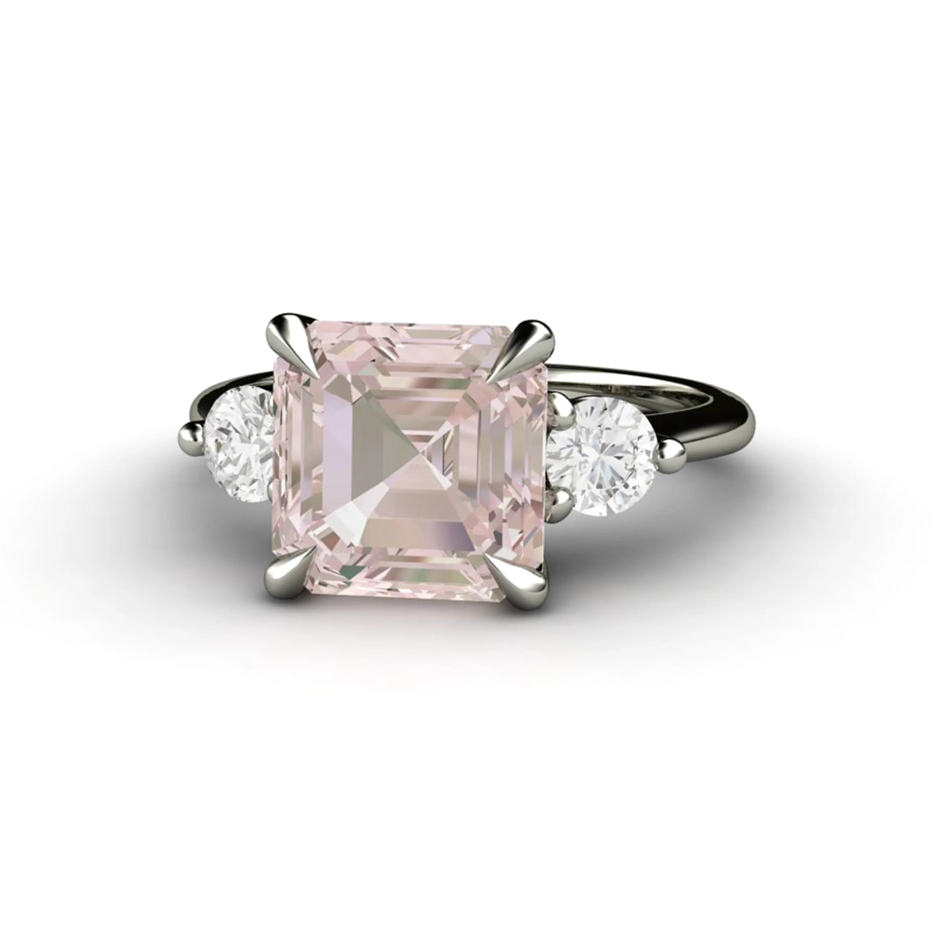 3 Stone Morganite Engagement Ring Asscher Cut with Diamonds and Claw Prongs