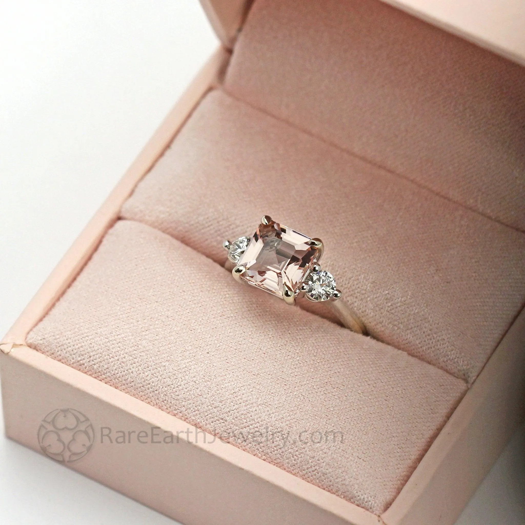 3 Stone Morganite Engagement Ring Asscher Cut with Diamonds and Claw Prongs