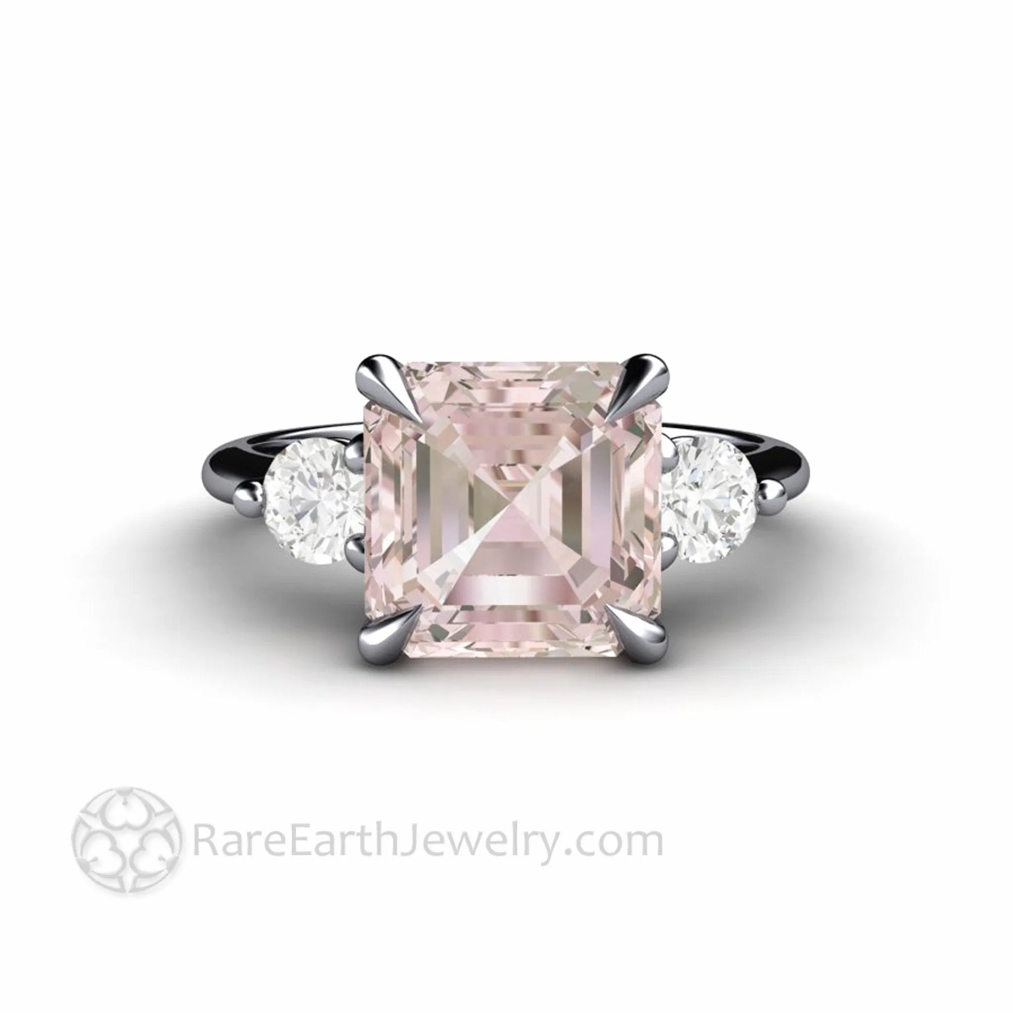 3 Stone Morganite Engagement Ring Asscher Cut with Diamonds and Claw Prongs