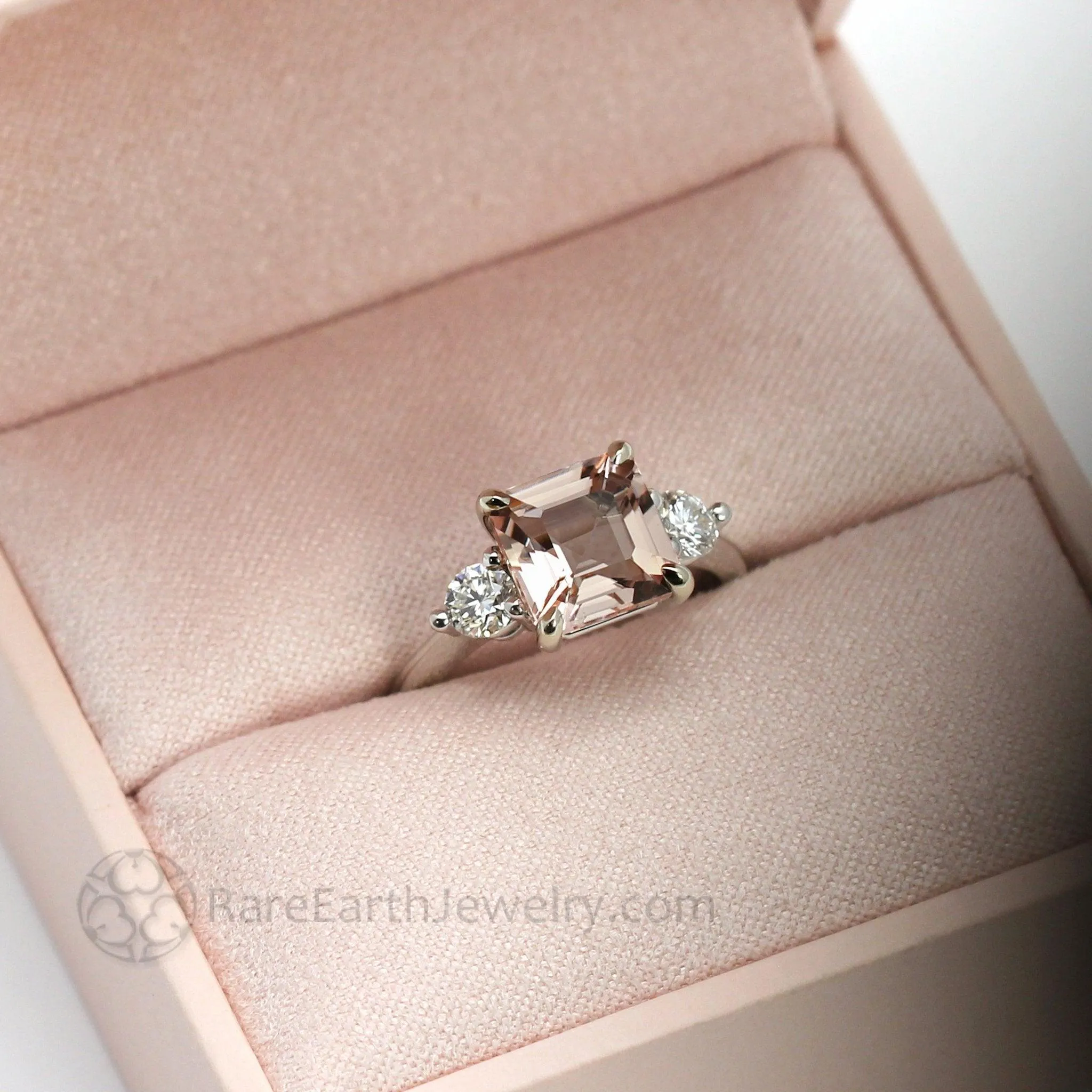 3 Stone Morganite Engagement Ring Asscher Cut with Diamonds and Claw Prongs