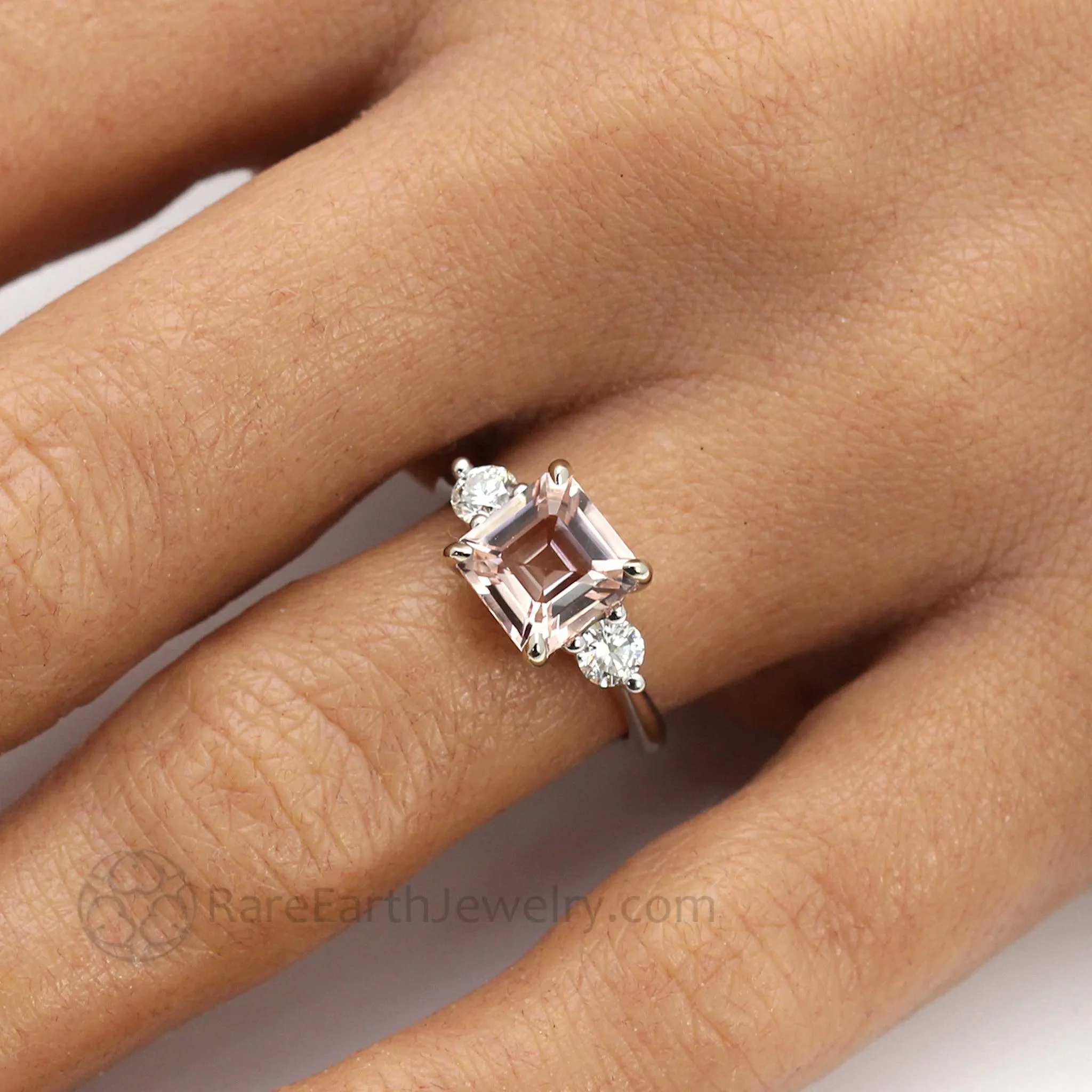 3 Stone Morganite Engagement Ring Asscher Cut with Diamonds and Claw Prongs