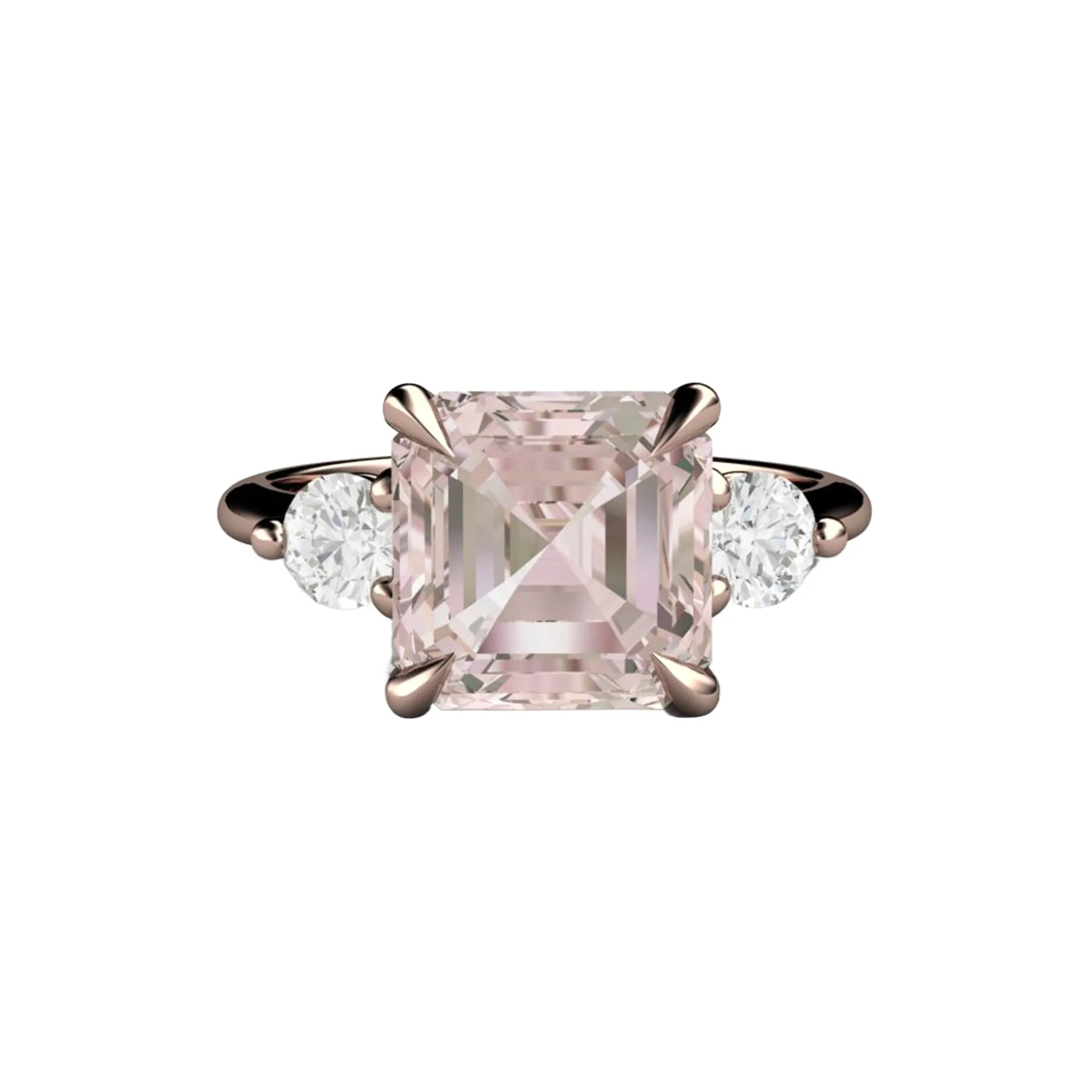 3 Stone Morganite Engagement Ring Asscher Cut with Diamonds and Claw Prongs