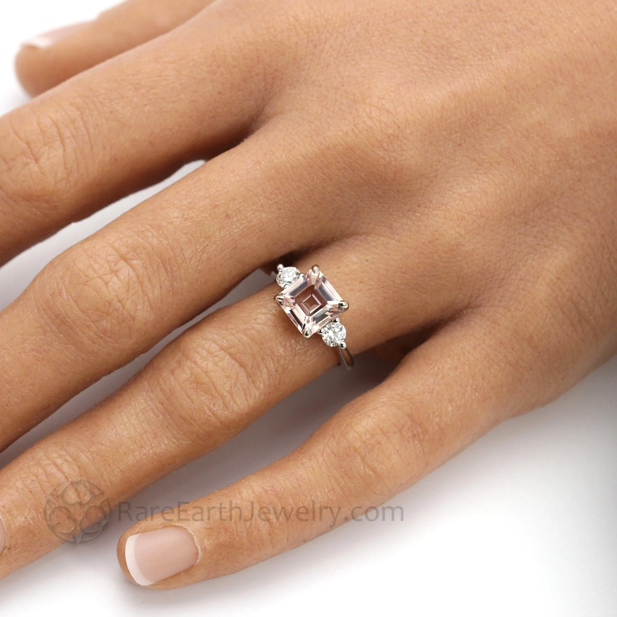 3 Stone Morganite Engagement Ring Asscher Cut with Diamonds and Claw Prongs