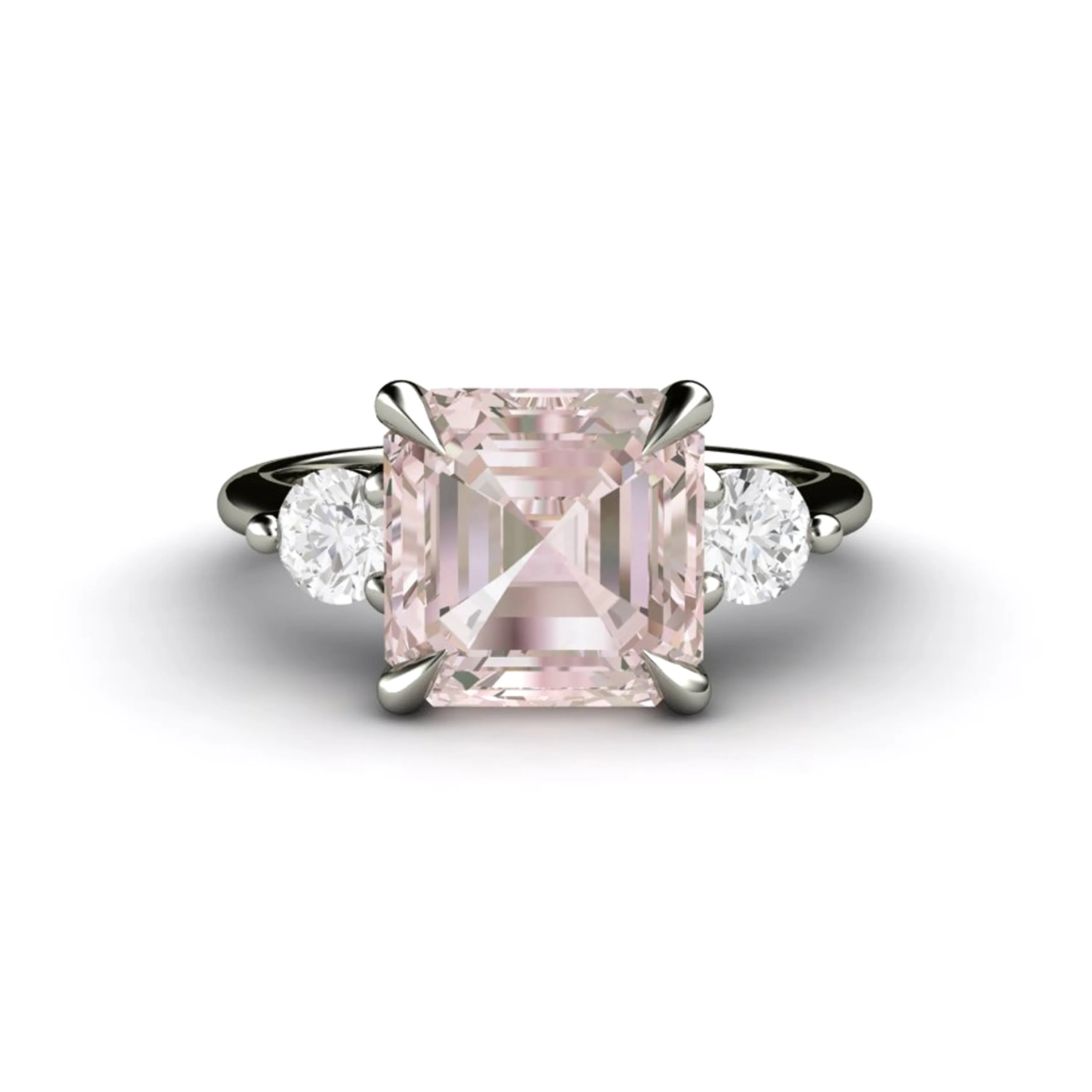 3 Stone Morganite Engagement Ring Asscher Cut with Diamonds and Claw Prongs