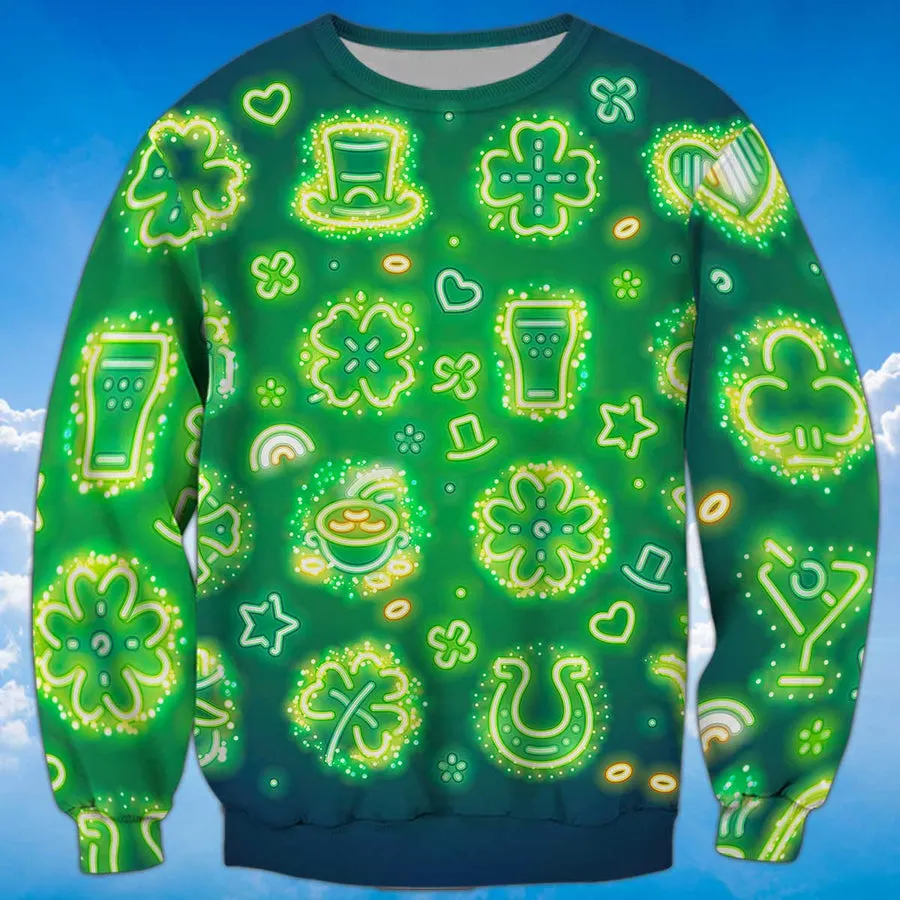 3D All Over Print Light Glitter Shamrock Drink Beer Hat Shirt, Happy St Patrick's Day Shirt