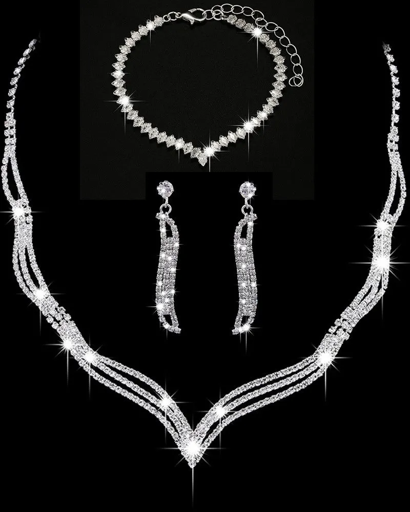 3PCS Rhinestone Hollow Out Chain Necklace & Drop Earrings & Bracelet Evening Party Wedding Jewelry Set