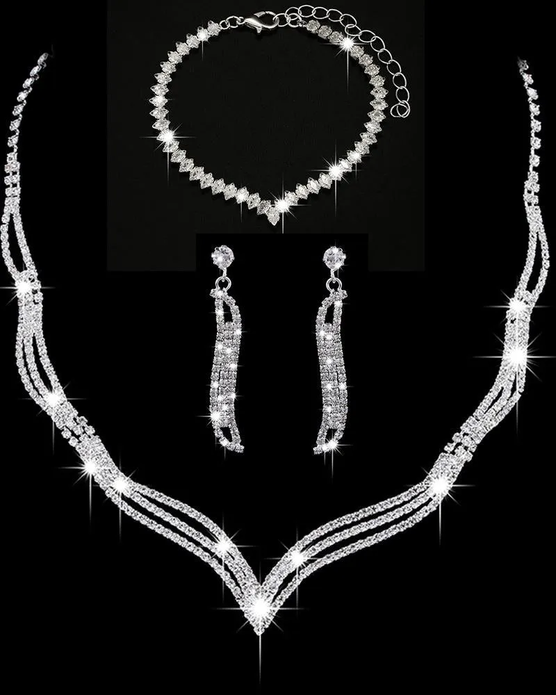 3PCS Rhinestone Hollow Out Chain Necklace & Drop Earrings & Bracelet Evening Party Wedding Jewelry Set