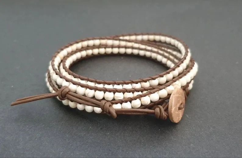 4 mm Bone Howlite Coffee Brown Leather Wrap Bracelet/Anklet,Leather Wrap, Unisex Bracelet, Men Bracelet, Women Bracelet