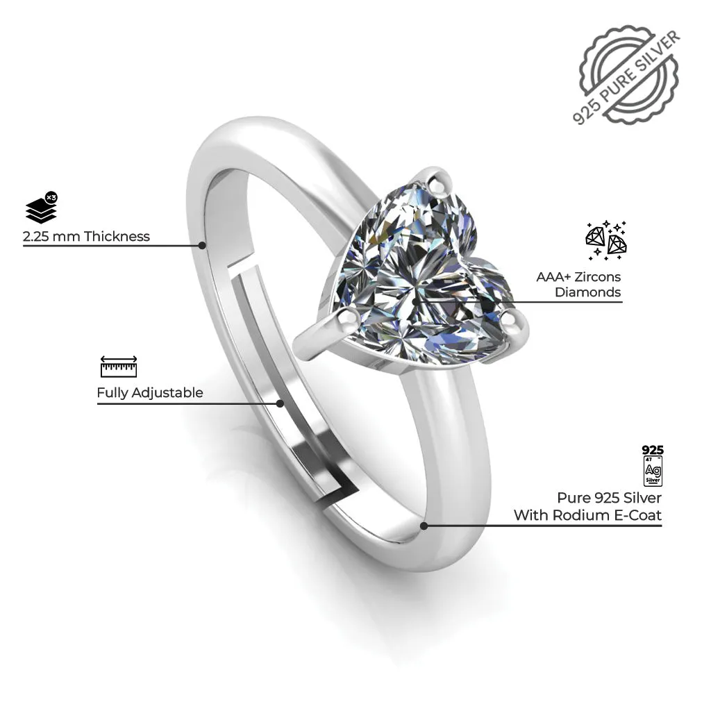 925 Pure Starling Silver Heart Shape Single Diamond and  Classy Status Special Couple's Ring