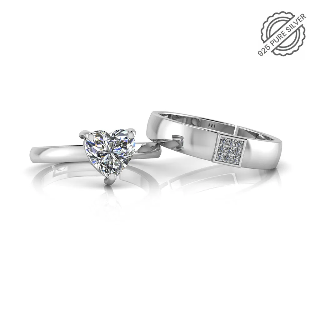 925 Pure Starling Silver Heart Shape Single Diamond and  Classy Status Special Couple's Ring