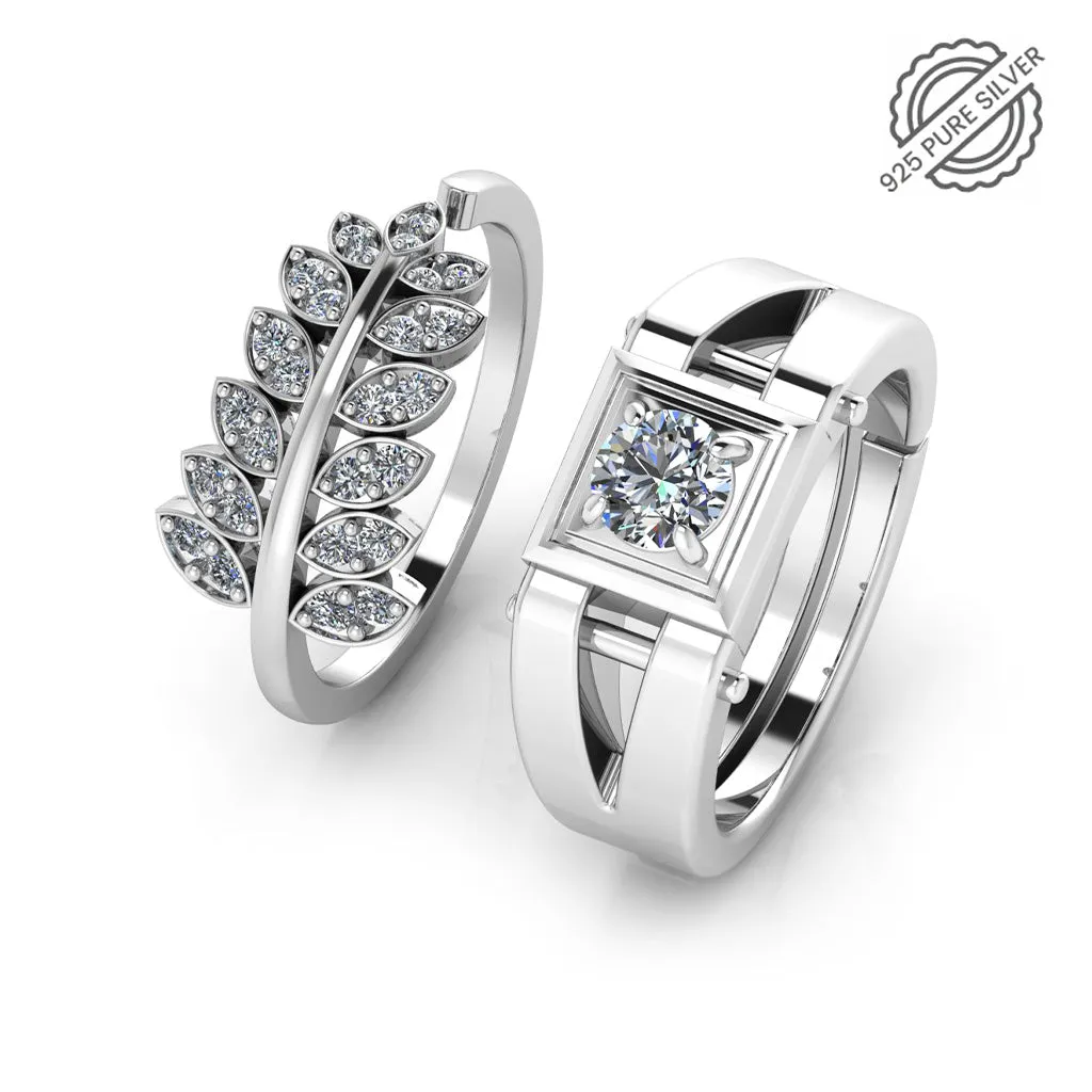 925 Pure Sterling Silver Leaf Shape Zircon Studded and Stardom Mens Couple's Ring