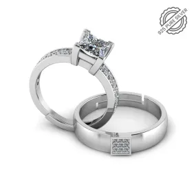 925 Pure Sterling Silver Princess Diamond Cut Classy Status Ring For Couple's