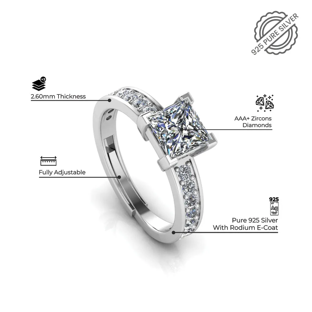 925 Pure Sterling Silver Princess Diamond Cut Classy Status Ring For Couple's