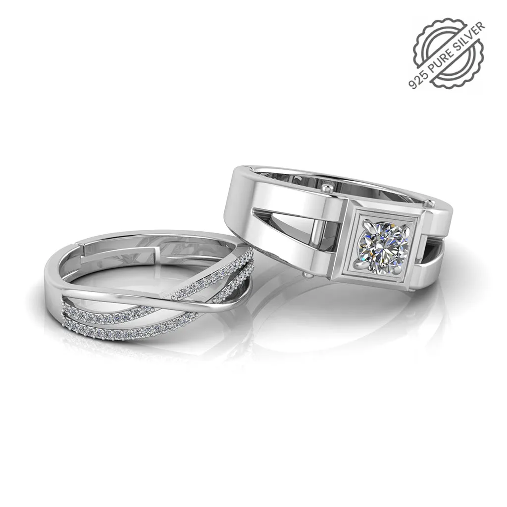 925 Pure Sterling Silver Zircon Studded Three Line Free Size and Stardom Mens Couple's Ring