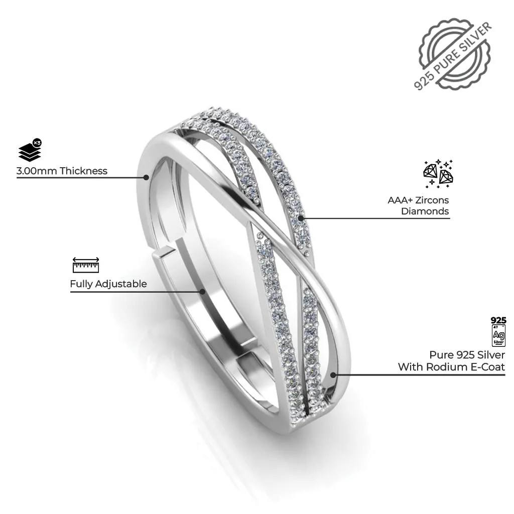 925 Pure Sterling Silver Zircon Studded Three Line Free Size and Stardom Mens Couple's Ring