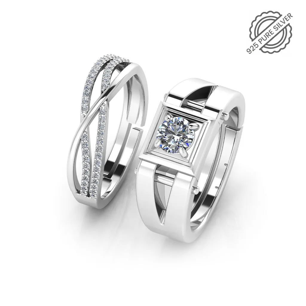 925 Pure Sterling Silver Zircon Studded Three Line Free Size and Stardom Mens Couple's Ring