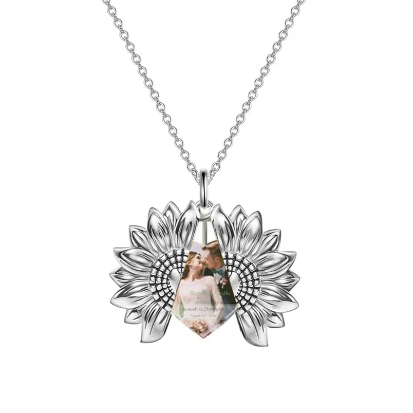 925 Sterling Silver You are My Sunshine Sunflower Photo Necklace for Mom Women Personalized Valentine's Day Gift