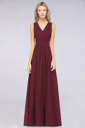 A-Line Chiffon Lace V-Neck Sleeveless Long Bridesmaid Dress with Ruffles