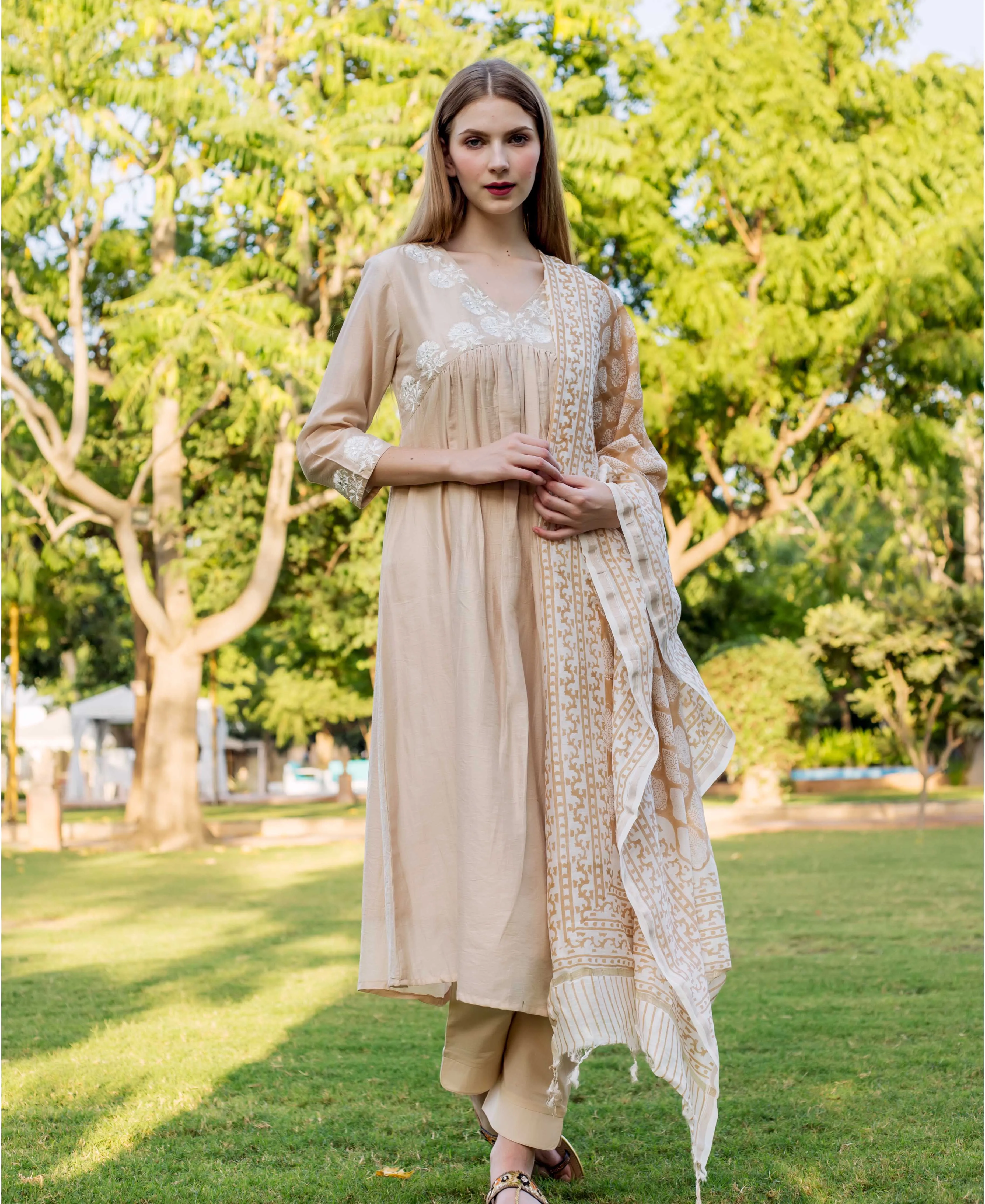 Aanandita Beige Chanderi Embroidered  Kurta