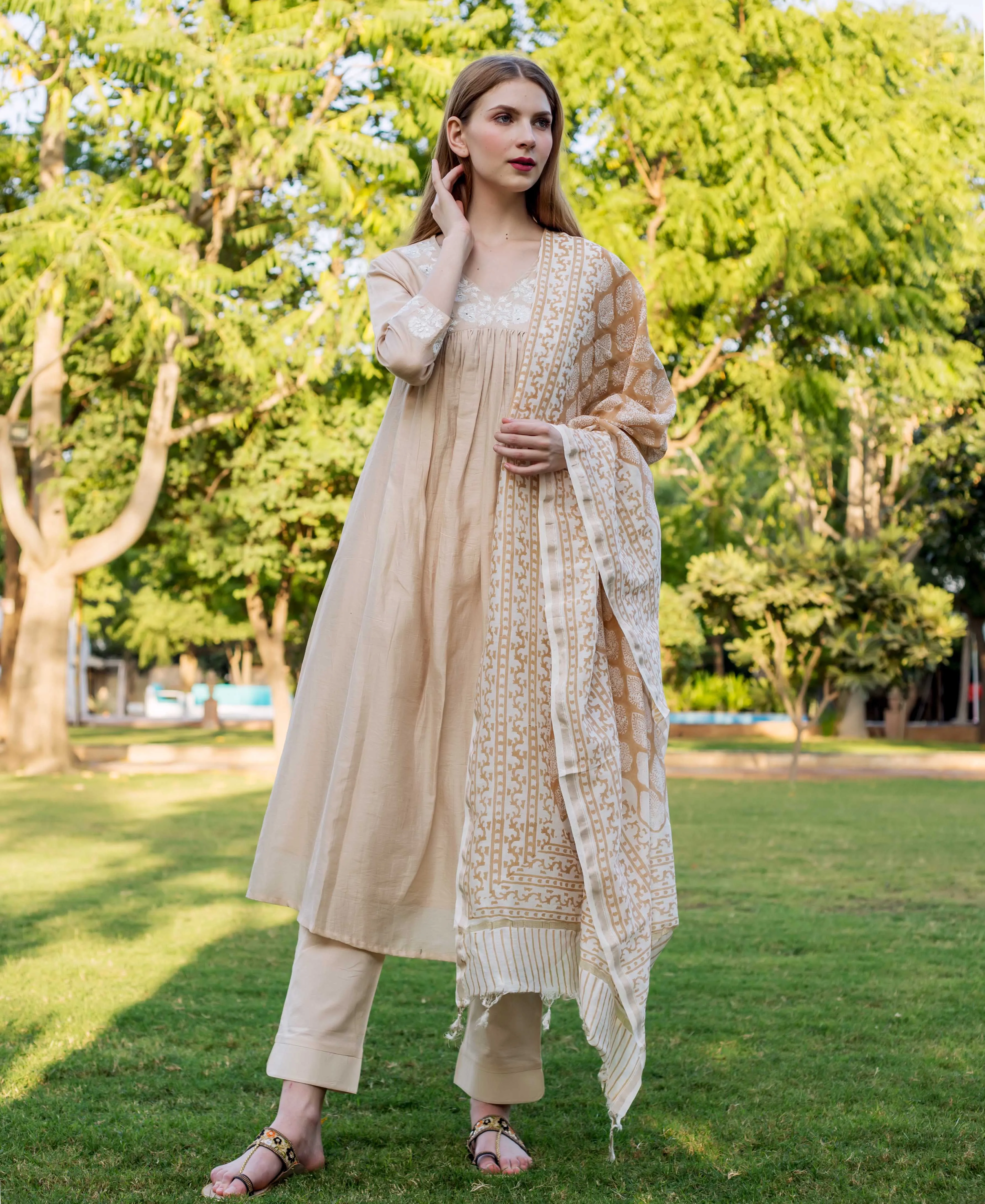 Aanandita Beige Chanderi Embroidered  Kurta