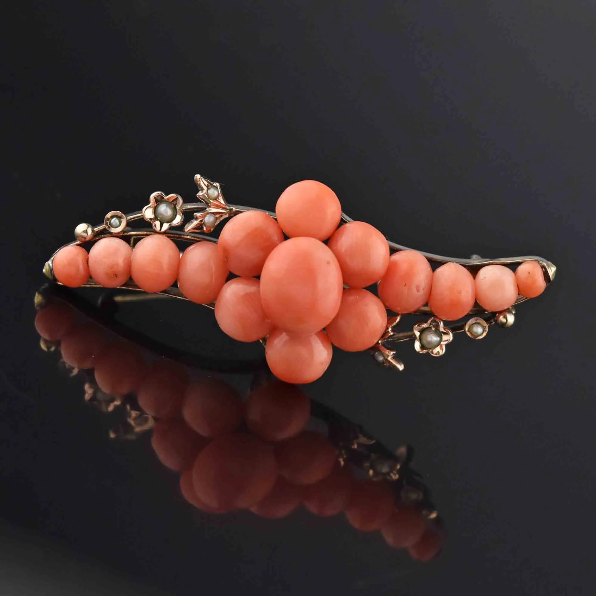 Antique Victorian Seed Pearl Natural Coral Brooch