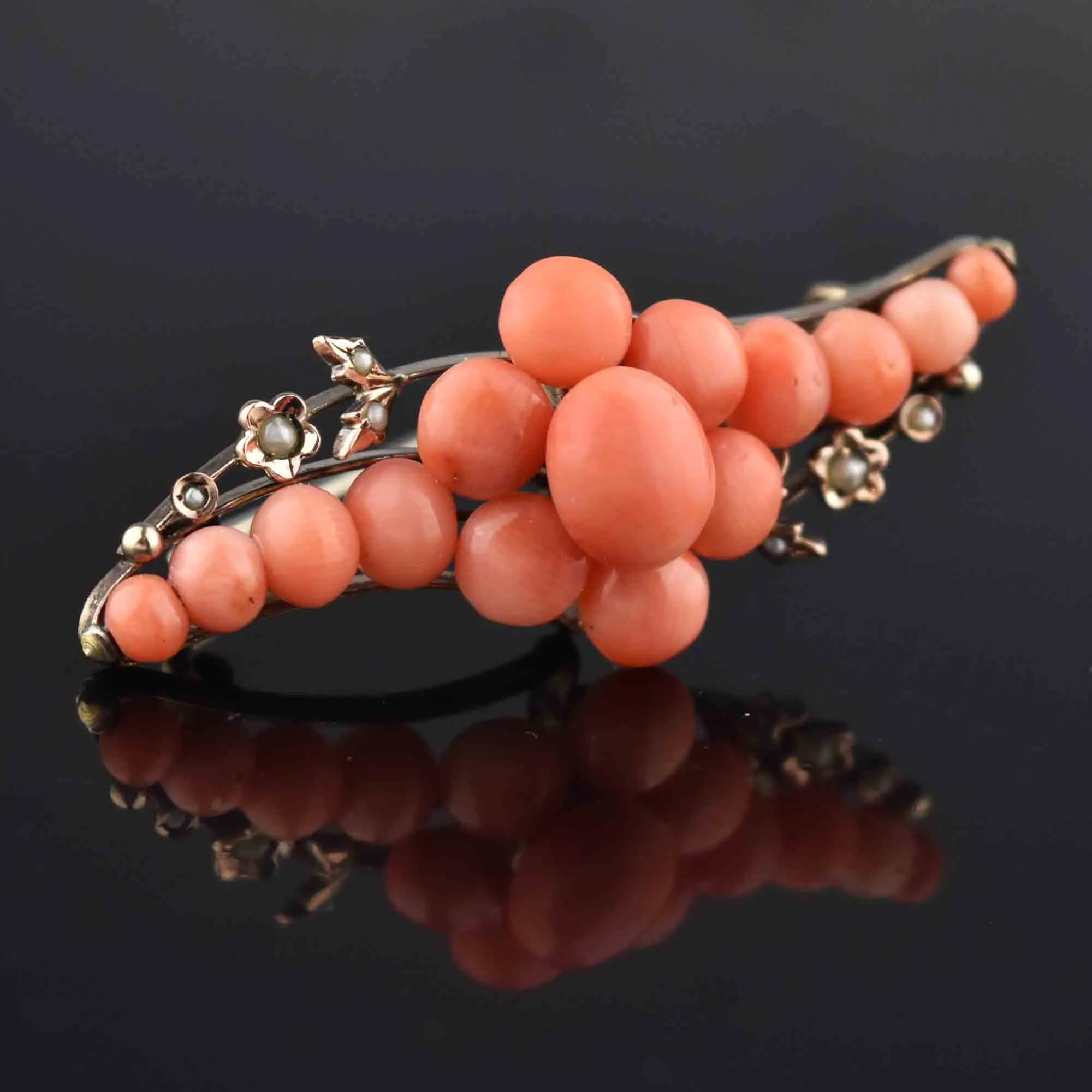 Antique Victorian Seed Pearl Natural Coral Brooch