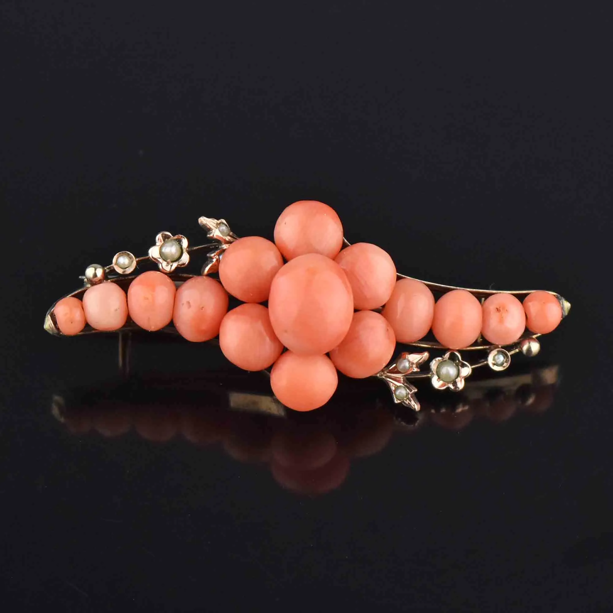 Antique Victorian Seed Pearl Natural Coral Brooch