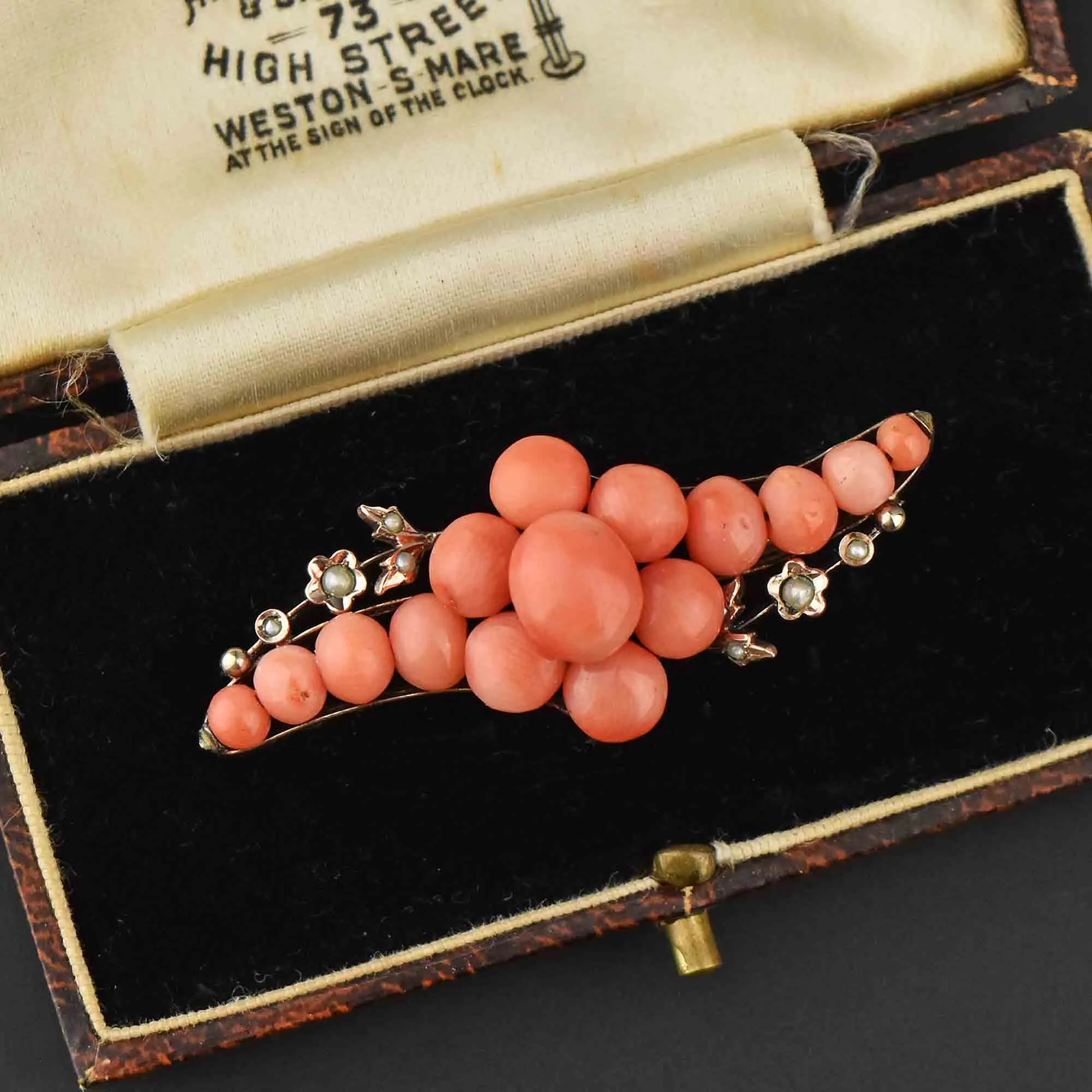 Antique Victorian Seed Pearl Natural Coral Brooch