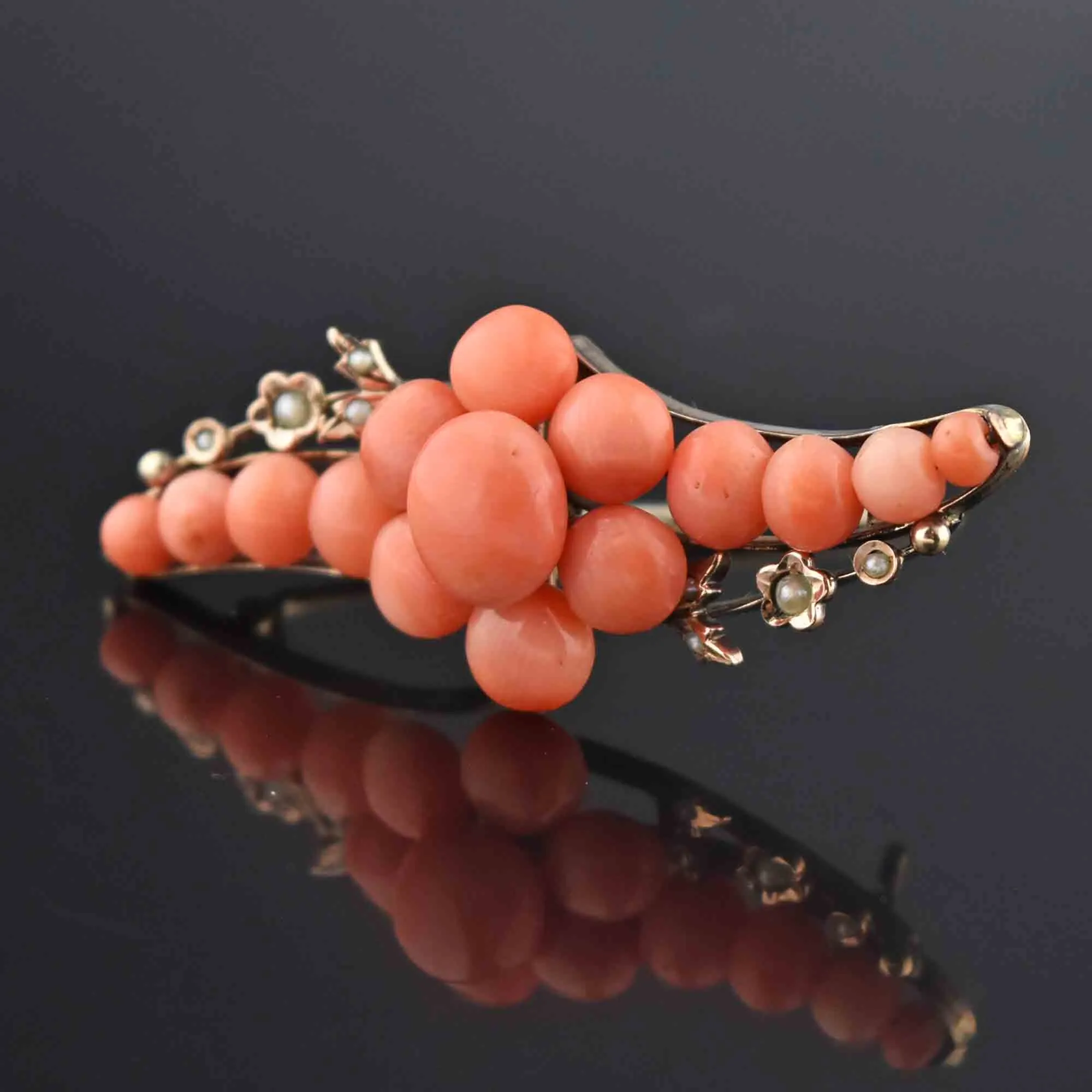 Antique Victorian Seed Pearl Natural Coral Brooch