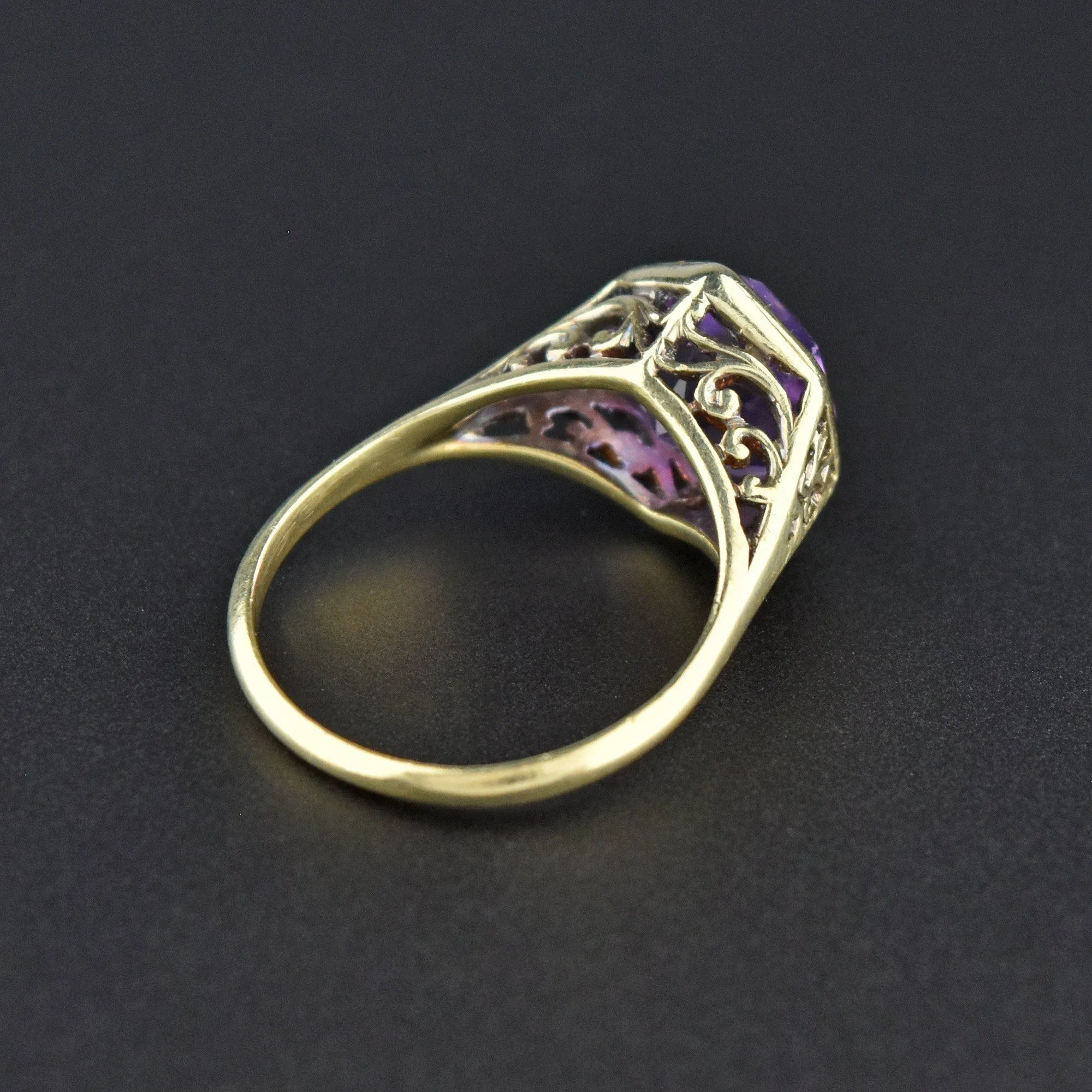 Art Deco 14K gold Filigree Hexagon Amethyst Ring