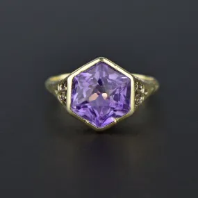 Art Deco 14K gold Filigree Hexagon Amethyst Ring