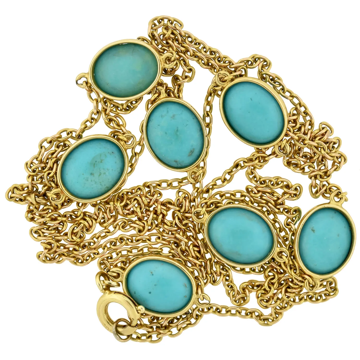 Art Nouveau 14kt Turquoise Link Chain Necklace 42.5"