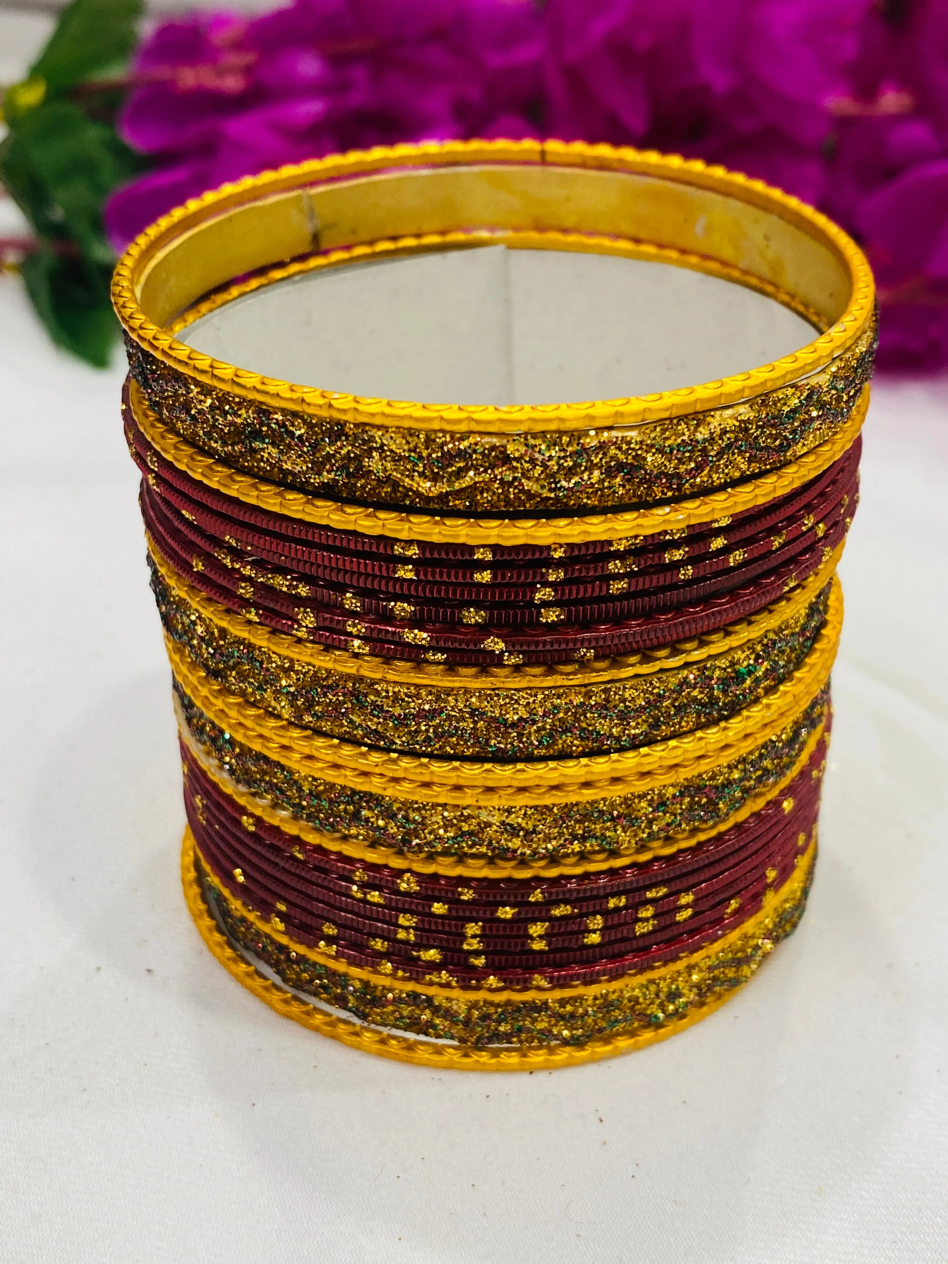 Attractive Maroon Gold Color Designer Metal Bangle Set