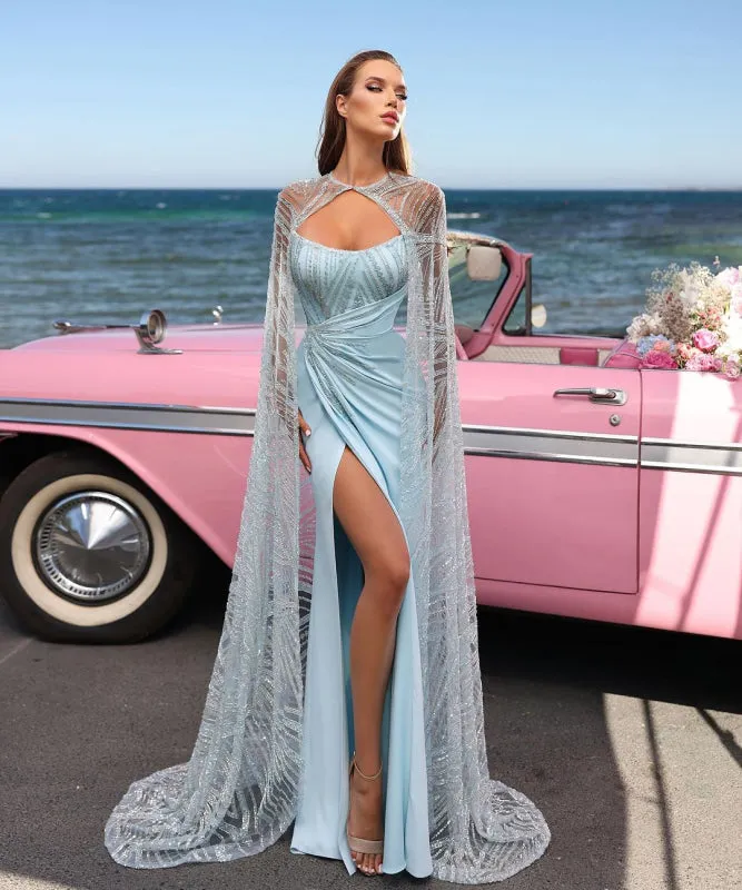 Baby Blue Charmeuse Sleeveless Strapless Prom Dress With High Slit