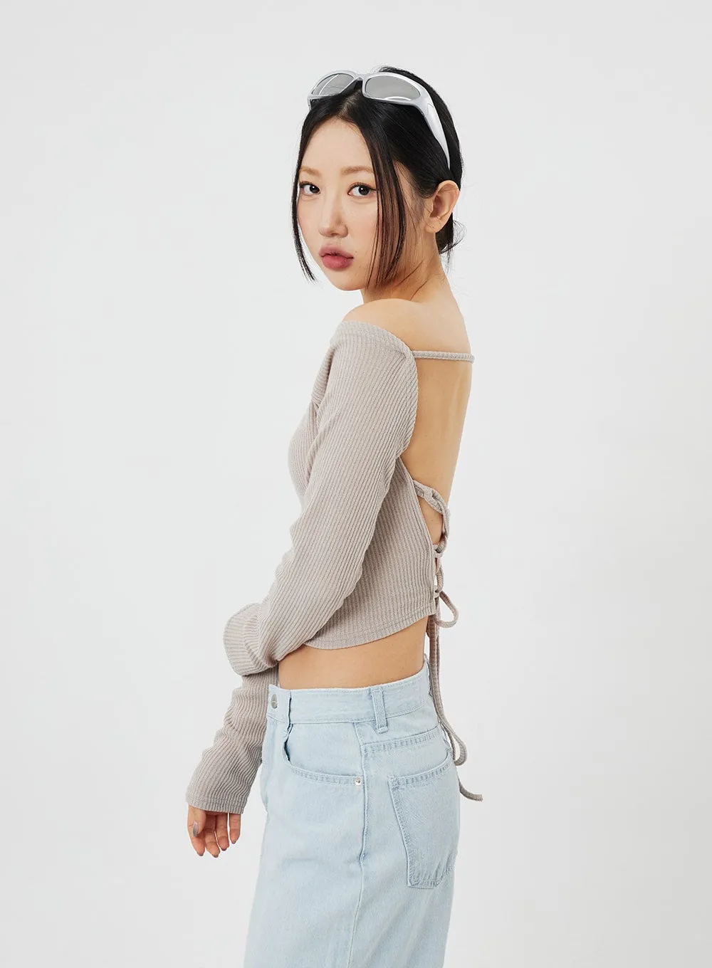 Back Tie Ribbed Knit Top CF316