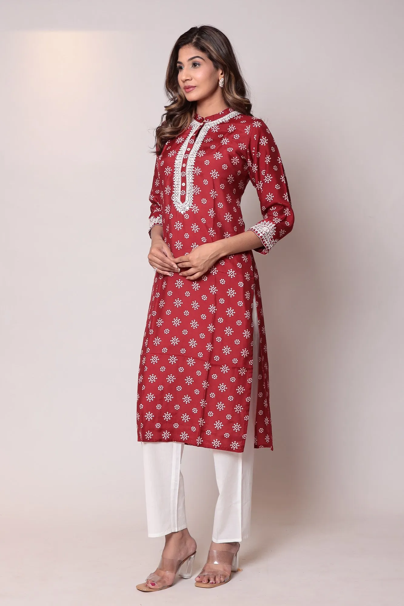 Bandhej Chanderi Straight Kurta with Thread work.